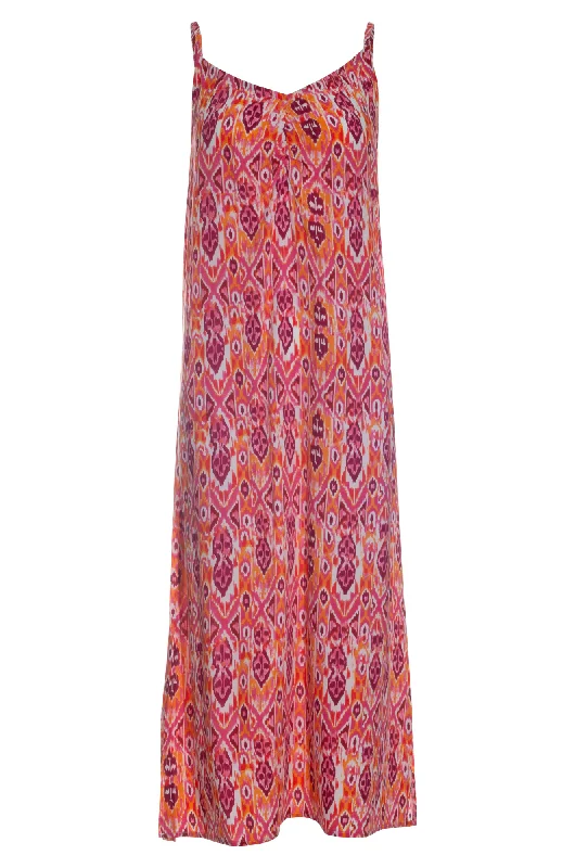 Khaki Dresses for Casual -Maxi Dress with spaghetti straps | Pink Orange Aztec | 3357AR