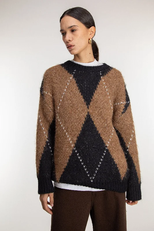 Machine - Made Sweaters for Mass Production -OVERSIZED ARGYLE SWEATER