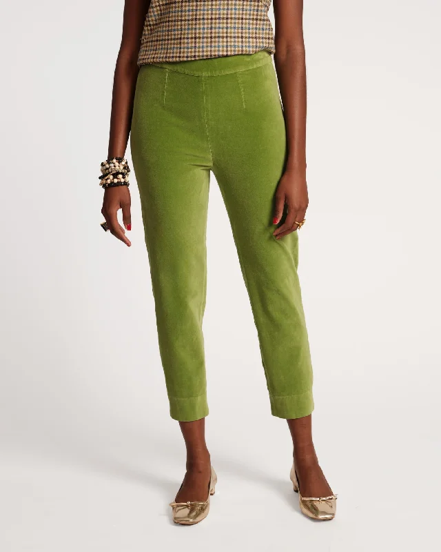 Urban tight trousers for men with street-style influence and sharp tailoring -Lucy Pant Stretch Velvet Moss Green