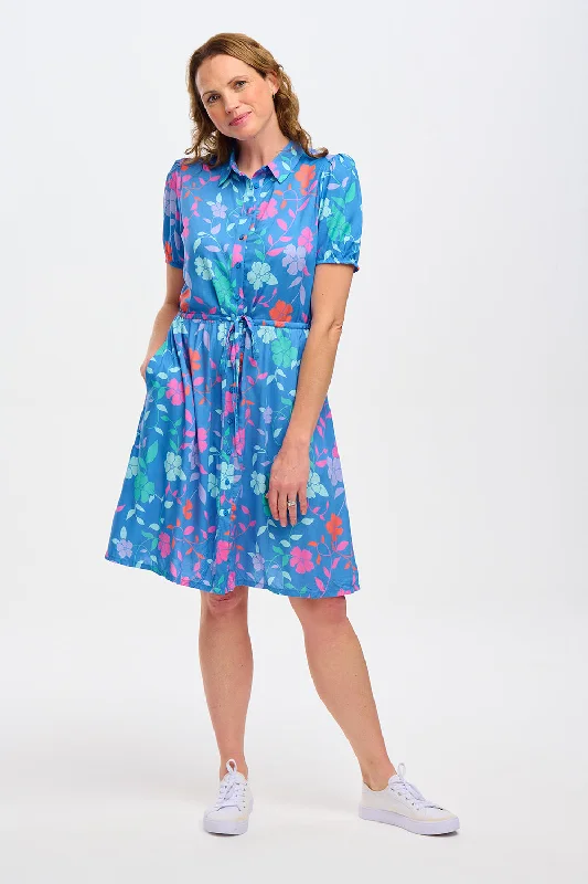 Blue Dresses for Classic -Salma Shirt Dress (Blue Rainbow Floral Vine)