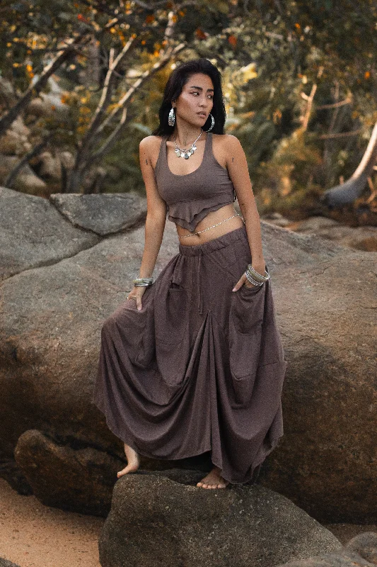 Soft skirts with gentle fabric drape -Boho Maxi Skirt Nariya Brown