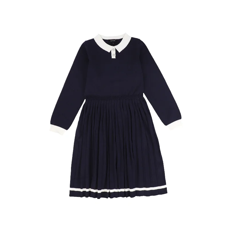 Polyester Dresses for Durable -Bamboo Navy Knit Pleated Trim Collar Dress [FINAL SALE]