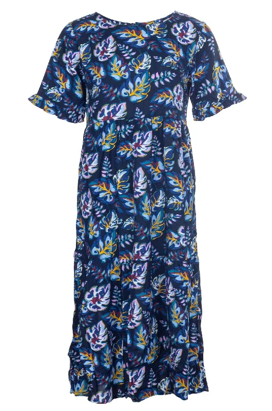 Printed Dresses with Patterns -Dress with short sleeve & hem frill | Blues Pink Leaf | 7338A1