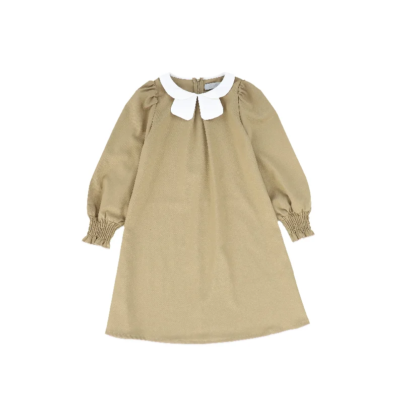 Pink Dresses for Feminine -Bace Collection Tan Front Pleat Peter Pan Collar Dress [FINAL SALE]