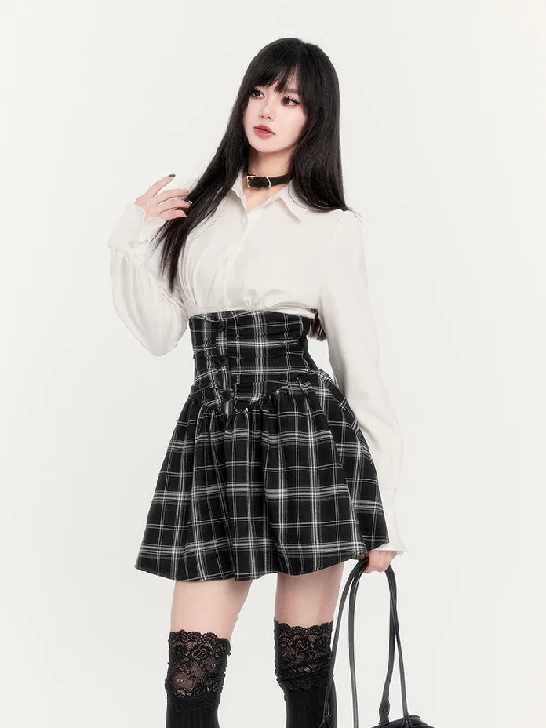 Luxury skirts with shimmering sequin details -Super High Waist Plaid Suspender Skirt