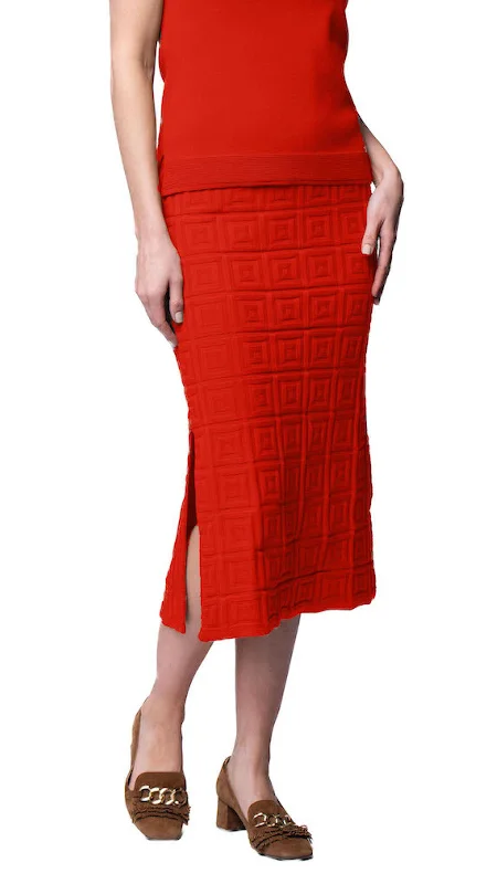 Pleated skirts with delicate pastel tones -Sabrina Square Pattern Midi Straight Skirt; Bright Orange