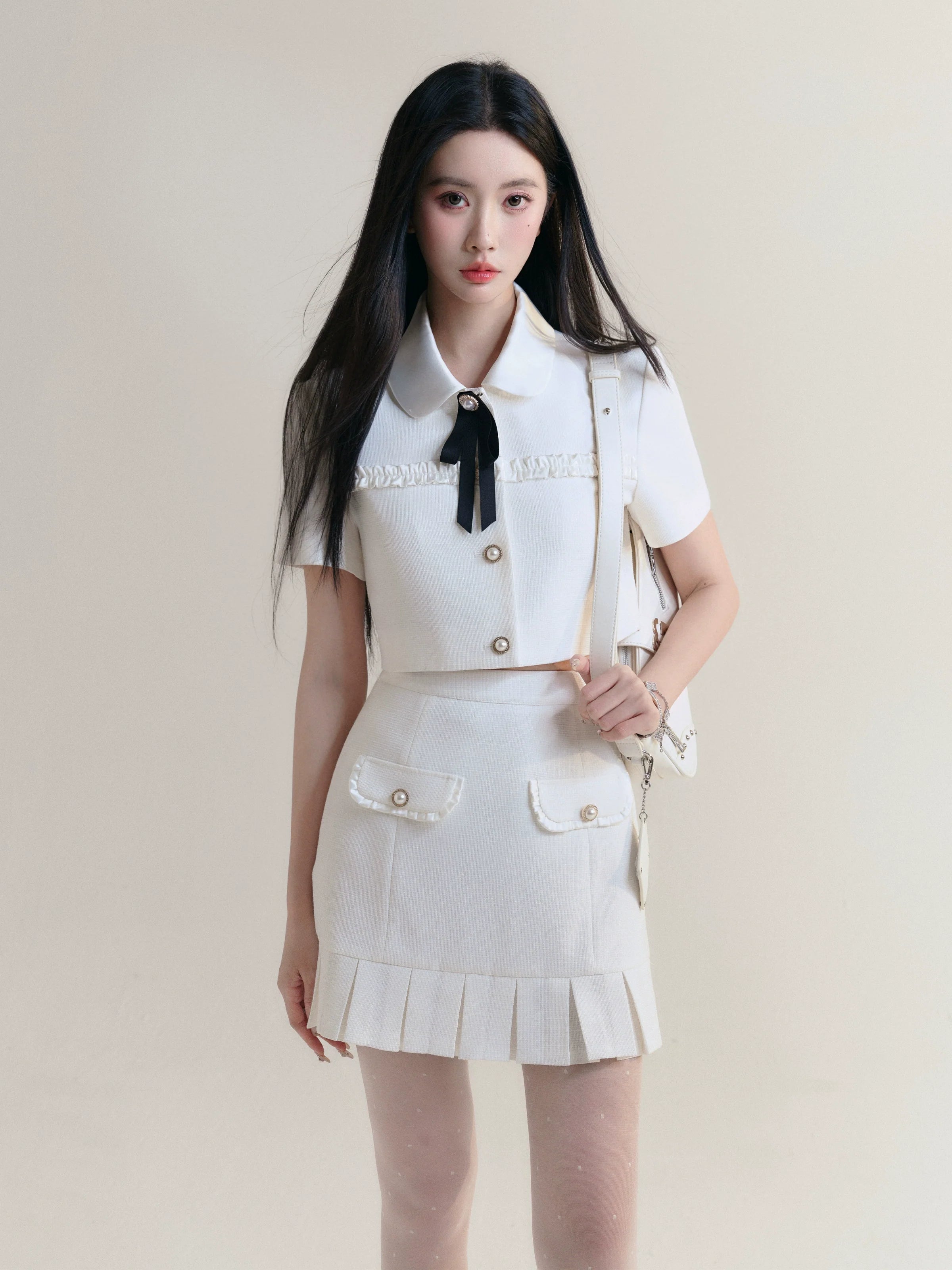 Trendy skirts with asymmetrical hem lines -Preppy Bow Collar Tennis Set - White Ruffle Blouse and Pleated Skirt