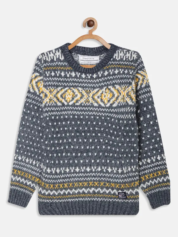 Office - Appropriate Sweaters for Work -Octave Boys Charcoal Yellow Floral Self Design Pullover Sweater