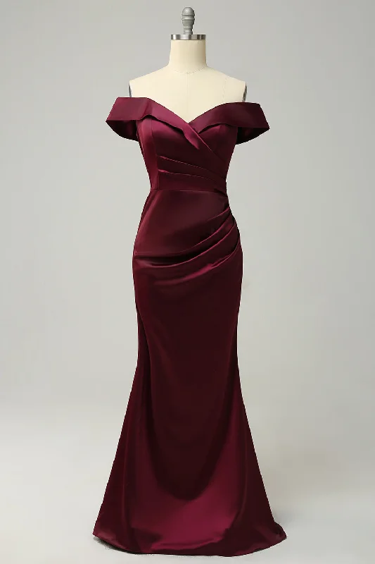 Red Dresses for Statement -Burgundy Off The Shoulder Sheath Long Bridesmaid Dress