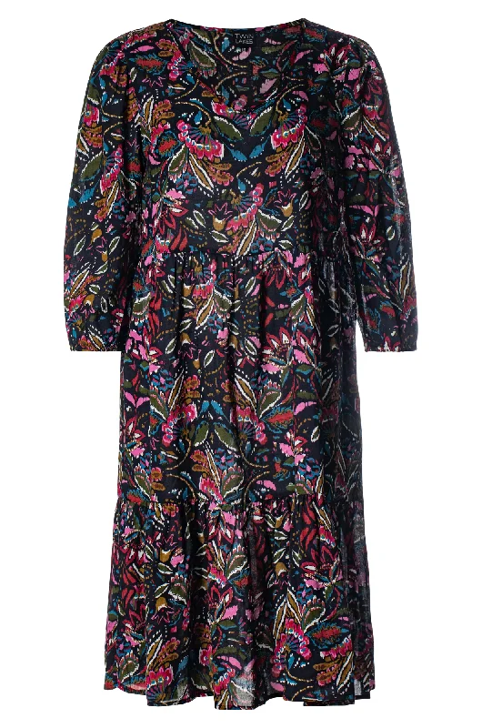 African Dresses with Culture -V neck Cotton Rayon Dress | Navy Olive Floral | 6543ZZ