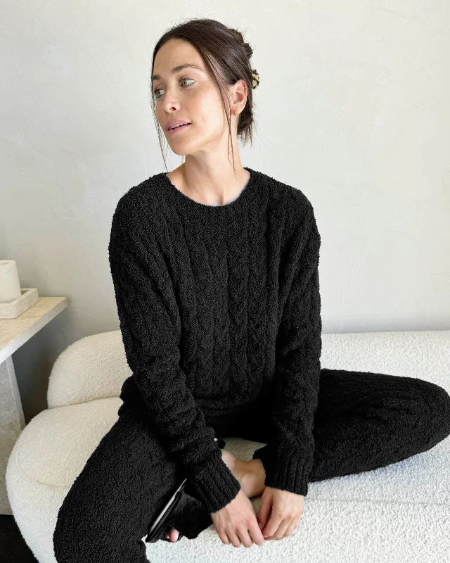 UV - Protective Sweaters for Outdoor -Black Fuzzy Cable Knit Sweater PJ Set