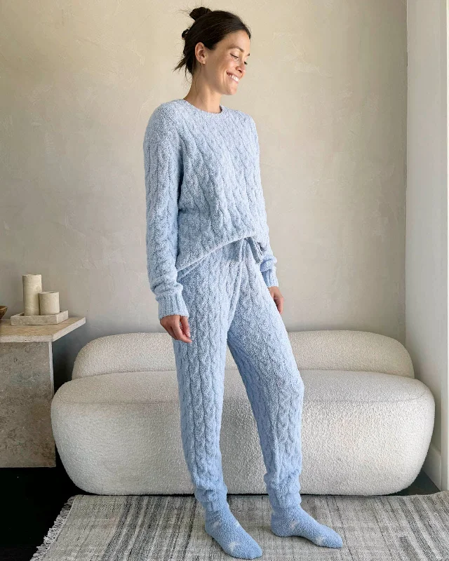 Stretch - Fit Sweaters for Comfort -Sky Blue Fuzzy Cable Knit Sweater PJ Set