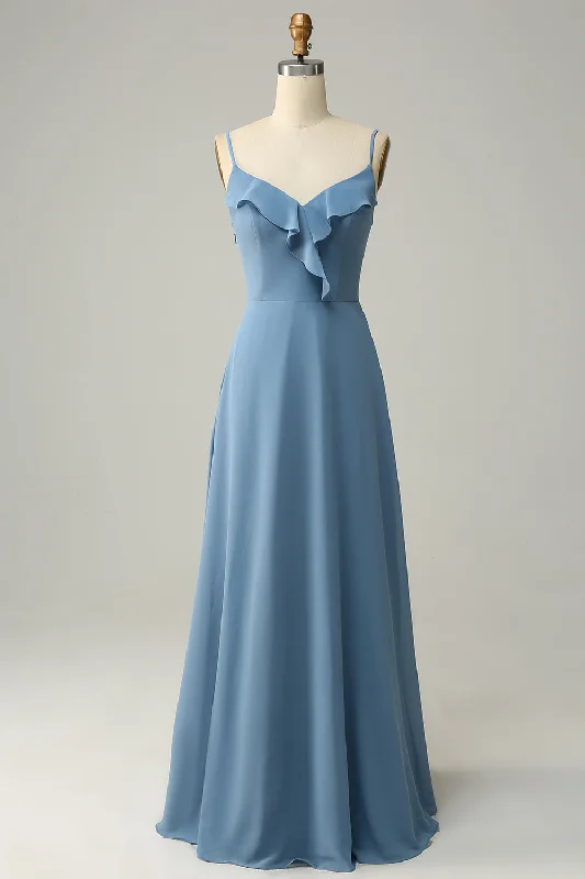 One-shoulder Dresses for Trendy -A Line Spaghetti Straps Grey Blue Long Bridesmaid Dress with Ruffles