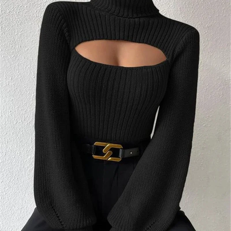 Solid Color Sweaters for Simple Elegance -Sexy Loose High Collar Hollow All-match Sweater