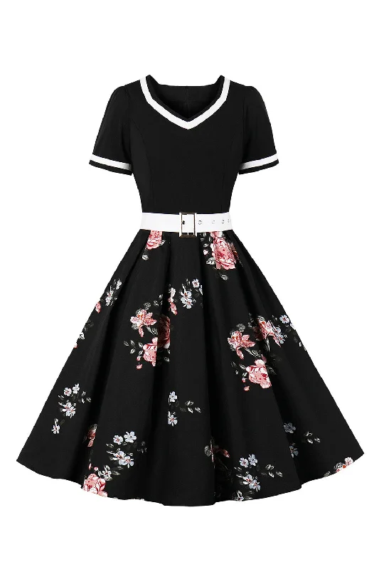 Mini Dresses for Youthful Look -V Neck Short Sleeves Black 1950s Dress With Belt