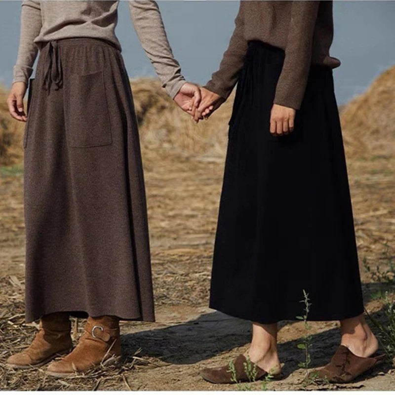 Wrap midi skirts for stylish ease -Autumn Winter Long Loose Comfortable Wool Skirt