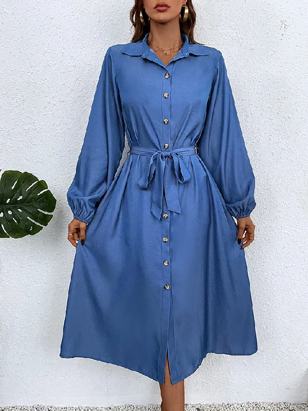 Beach Dresses for Coastal -Button-Down Tie Waist Collared Neck Dress