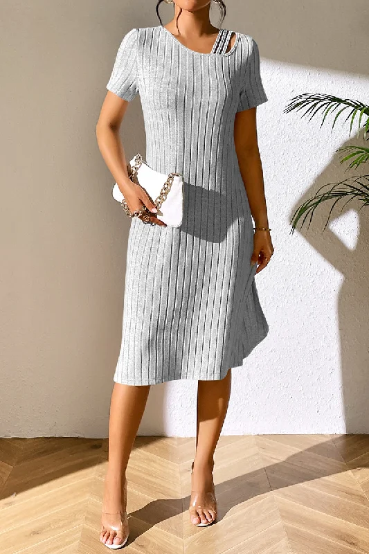 Modern Dresses for Trendy -Ribbed Asymmetrical Neck Short Sleeve Dress