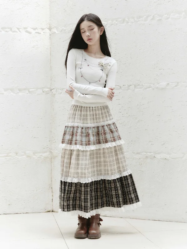 Stretch denim skirts for comfy wear -Cake Multi-layer Lace A-line Long Skirt FRA0232