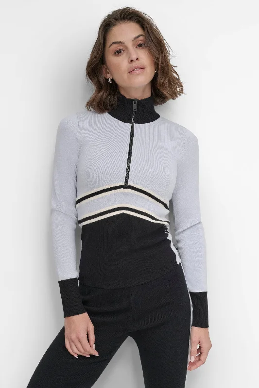 Belted Sweaters for Defined Waist -APRES SKI CHEVRON STRIPE HALF ZIP SWEATER