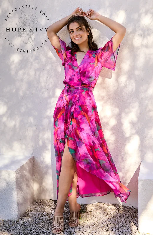 Punk Dresses with Spikes -The Corinne Flutter Sleeve Maxi Wrap Dress (Bright Pink)