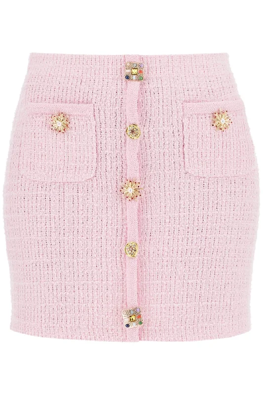 High-waisted pencil skirts for professional office wear -"knitted mini skirt with jewel buttons PF24 128SK P PINK