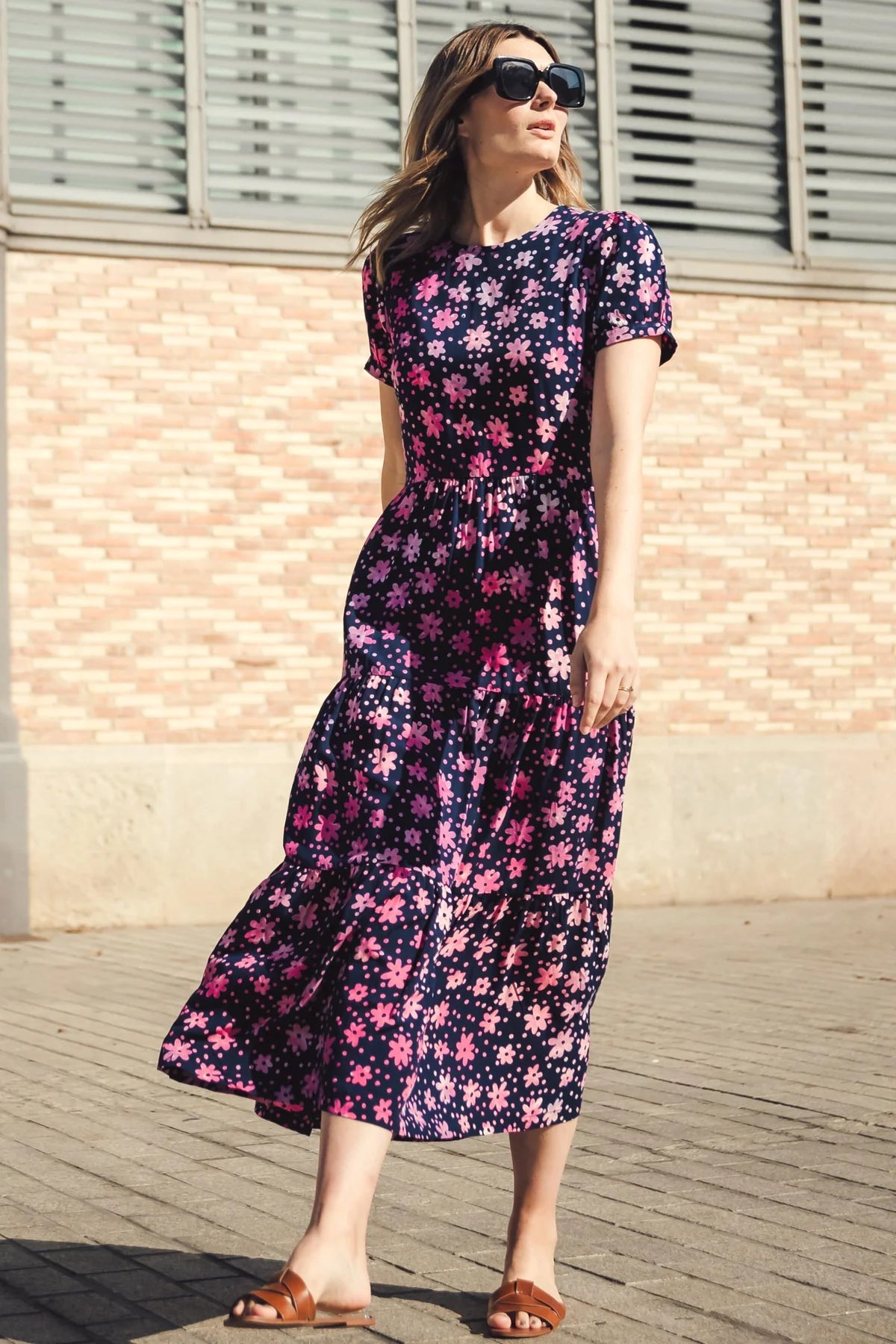 Bohemian Dresses with Tassels -The Portia Batik Maxi Tiered Dress (Navy/Pink, Flower Power)