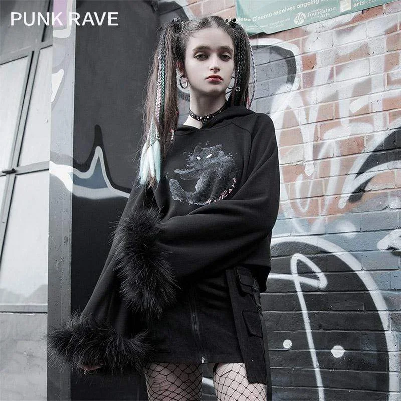 Machine - Washable Sweaters for Convenience -Women's Lolita Cat Printed Faux Fux Sleeved Sweaters With Cat Ears Hood