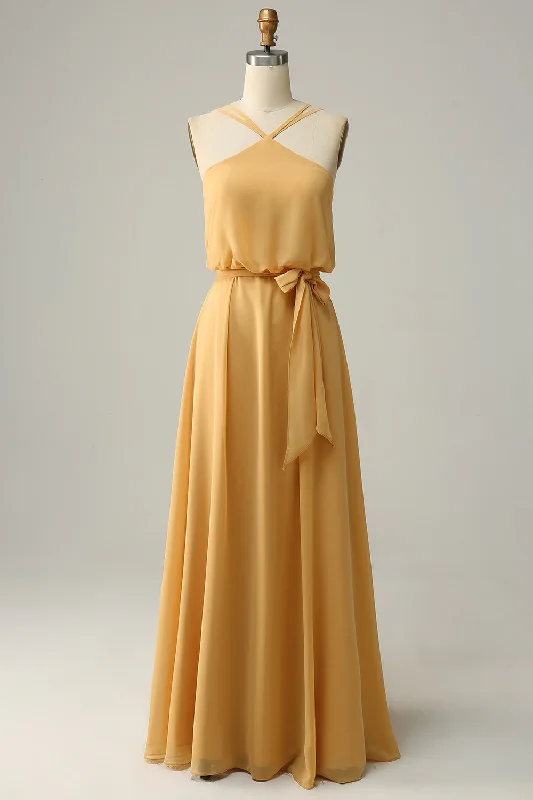 Long-sleeved Dresses for Coverage -A Line Halter Yellow Long Bridesmaid Dress with Bowknot