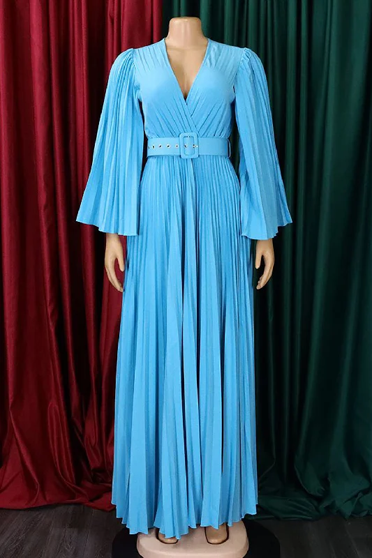 Khaki Dresses for Casual -Sky Blue Pleated Long Wedding Guest Dress