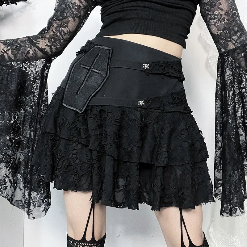 Wrap skirts with tie-front detail charm -Gothic Style Sexy Lace Cake for Summer 2024 Women with Versatile Ripped Hole Fabric Skirt