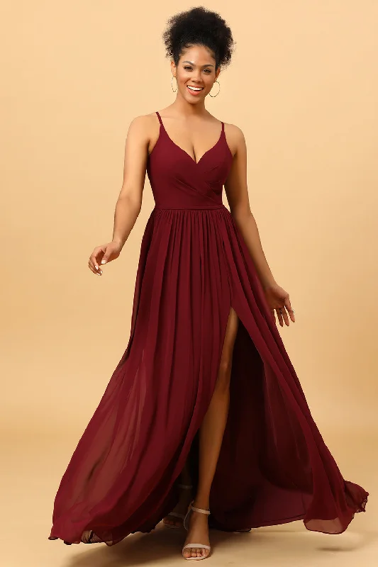 Vintage Dresses for Nostalgia -A-Line Chiffon Burgundy Bridesmaid Dress with Slit