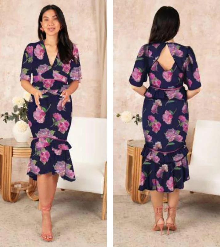 Low-waisted Dresses for Relaxed -THE AMORE PEPLUM WAIST MIDI DRESS WITH CONTRAST LADDER TRIM (NAVY/PINK) CURVE