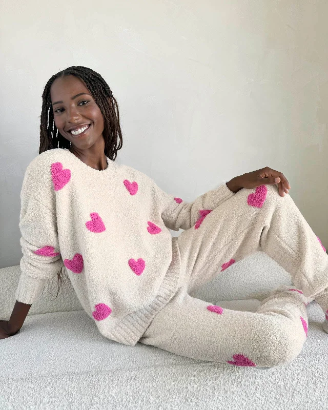 Wrinkle - Resistant Sweaters for Easy Care -Pink Hearts Fuzzy Sweater PJ Set