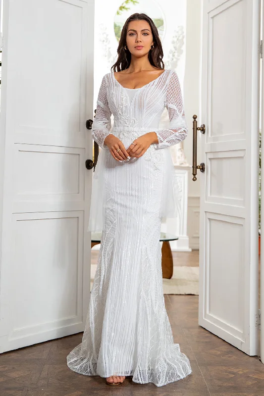 Formal Dresses for Occasions -Mermaid White Mother Dress Long Sleeves