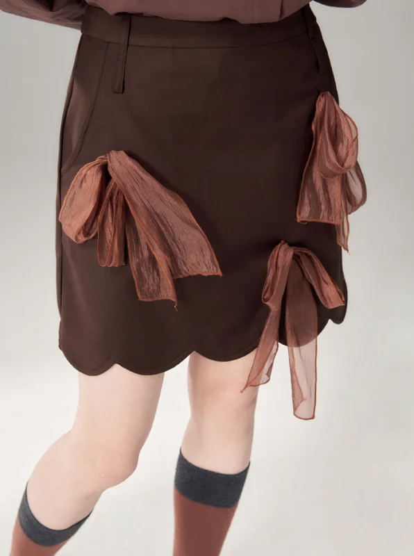 Casual skirts for effortless everyday wear -Brown Scalloped Skirt with Sheer Bow Detail