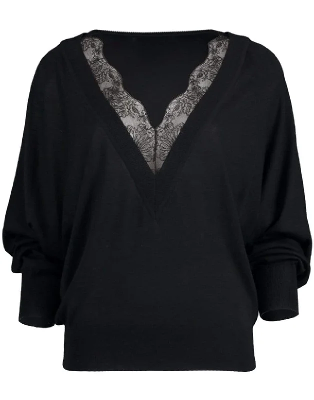 Pocket - Equipped Sweaters for Convenience -Black Lace Trim Sweater