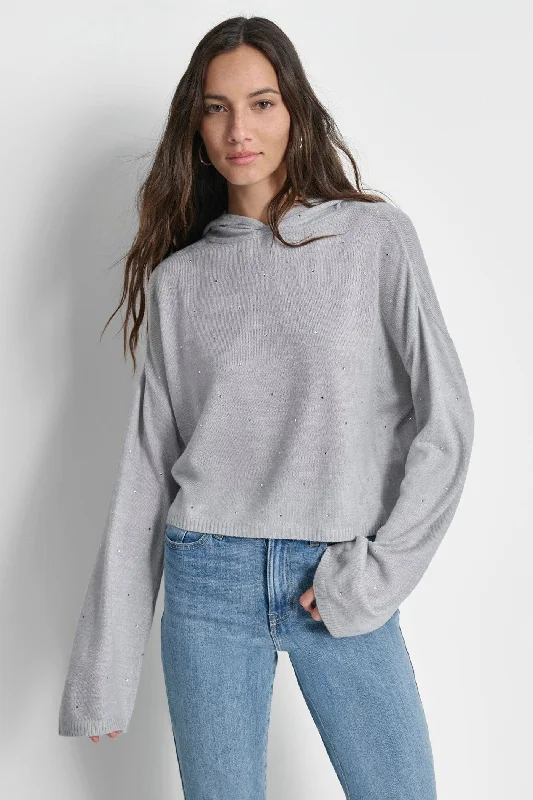 Cable - Trimmed Sweaters for Added Detail -RHINESTUD CROPPED HOODIE SWEATER