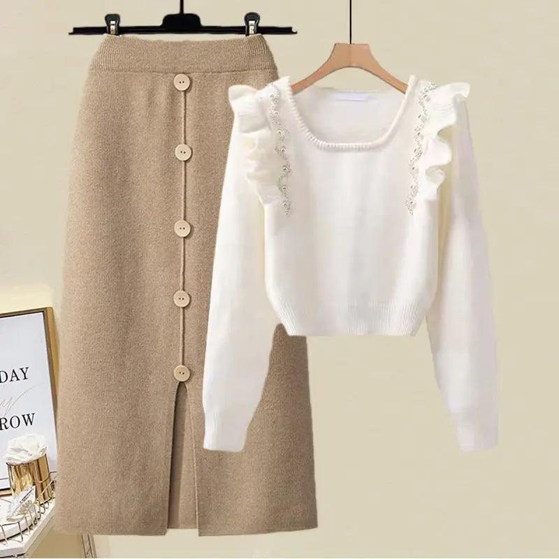 Mohair Sweaters for Soft Texture -Beaded Sweater Top Women Skirts Outfit Set