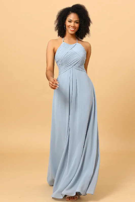 Minimalist Dresses for Simplicity -Halter Chiffon Blue Bridesmaid Dress with Ruffles