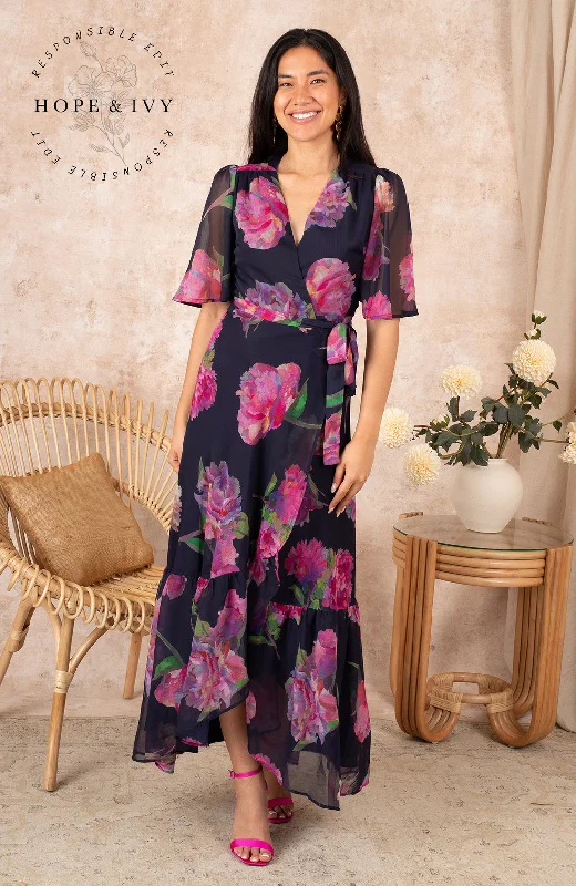 Office Dresses for Business -THE ASHIA FLUTTER SLEEVE MAXI WRAP DRESS (NAVY/PINK) CURVE