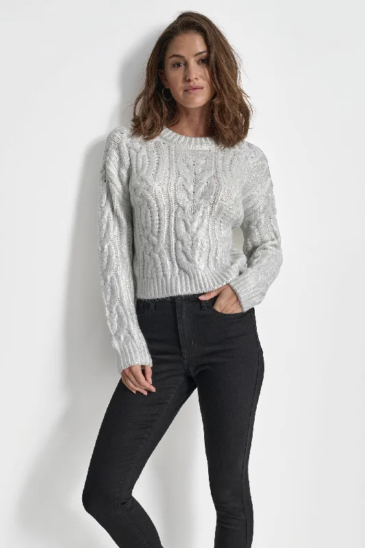 Office - Appropriate Sweaters for Work -FOIL PRINT CHUNKY CABLE SWEATER