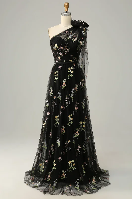 Maximalist Dresses for Bling -A-Line One Shoulder Black Long Prom Dress With Embroidery