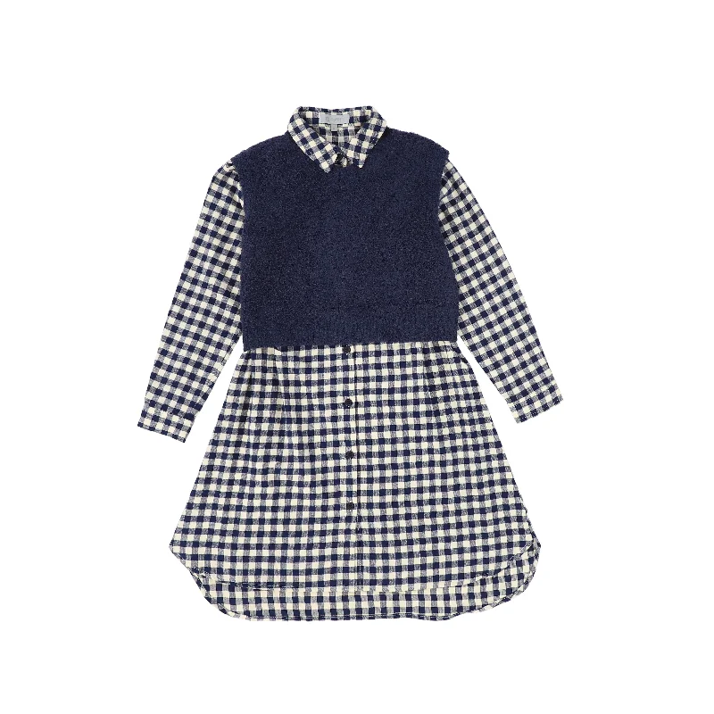 Green Dresses for Nature -Bace Collection Navy Flannel Gingham Overlay Shirt Dress [FINAL SALE]