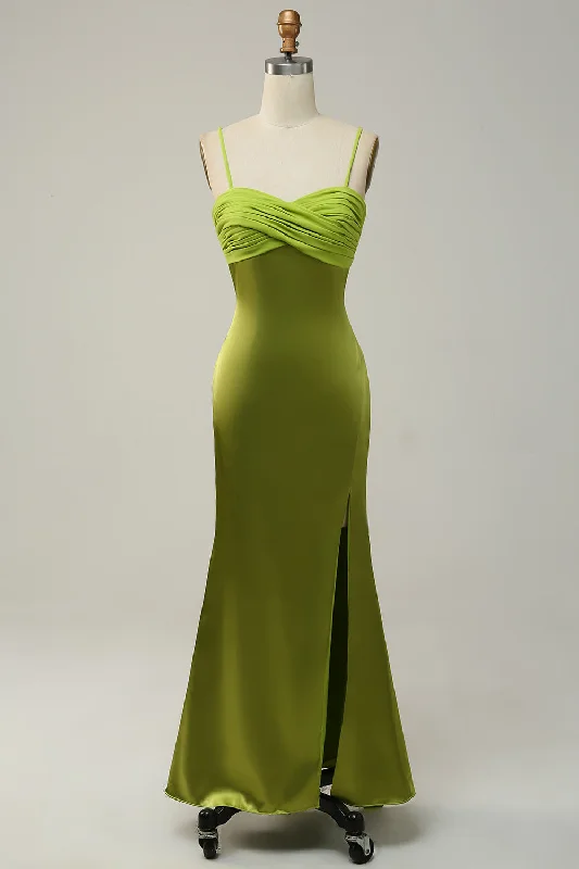 A-line Dresses for Flattering -Sheath Spaghetti Straps Lemon Green Bridesmaid Dress with Silt