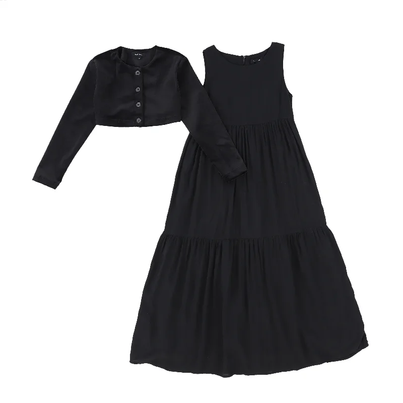 Nylon Dresses for Stretchable -Bamboo Black Velour and Cupro Tiered Maxi Dress [FINAL SALE]