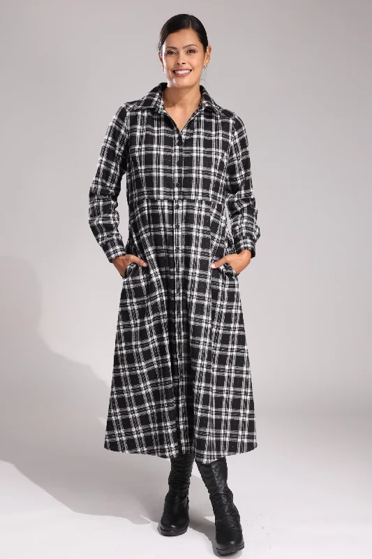 Cotton Dresses for Comfort -Brushed Checks Dress | BLACK WHITE CHECK | 6354ZZ