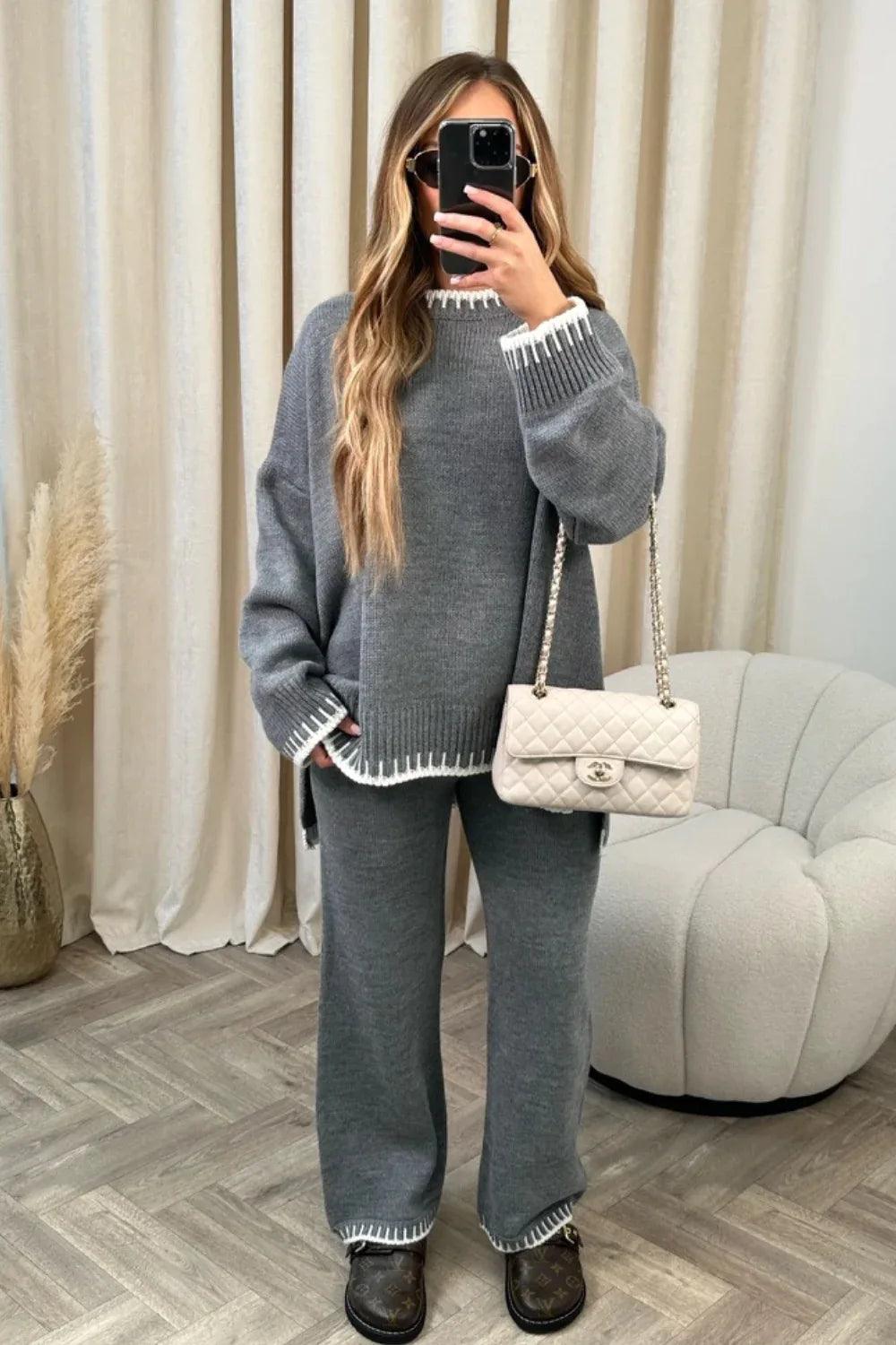 Boat Neck Sweaters for Chic Style -Loose Stripes Women Pants Sweater Set