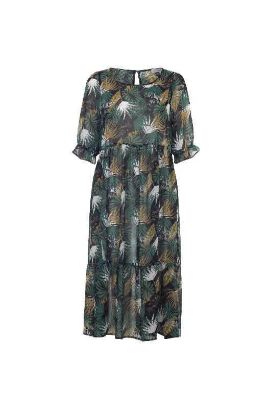 Ruffled Dresses for Girly -Printed Chiffon Midi Dress | GREEN BLACK PALM | 7128AR