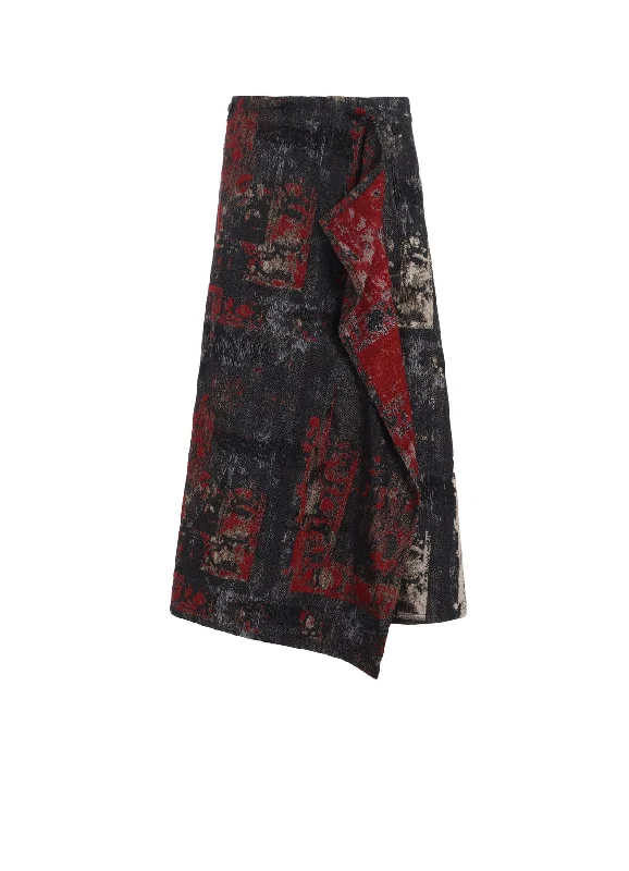 Patterned skirts with unique abstract art -FLORAL JACQUARD WRAP FLARE SKIRT